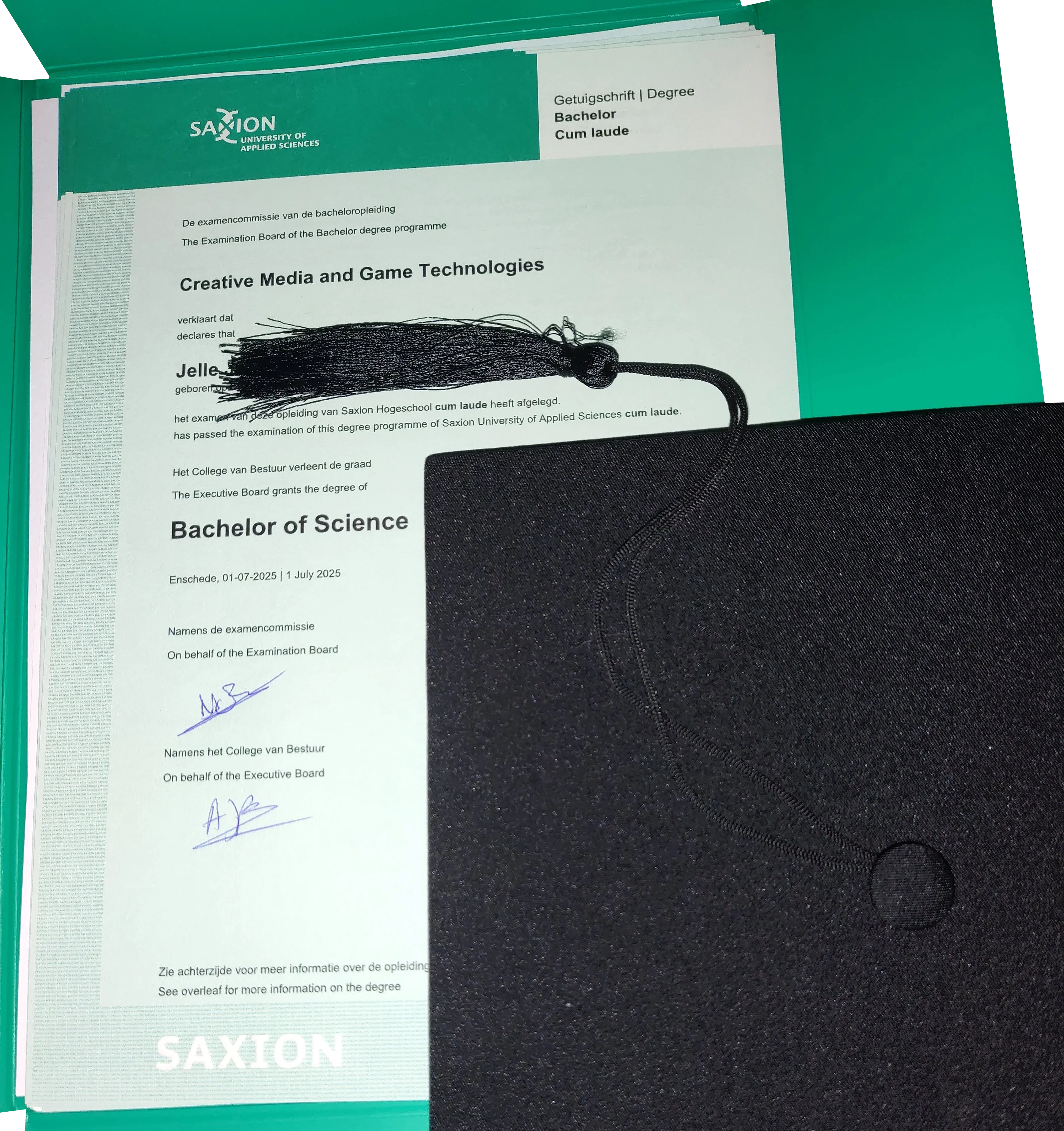 A photo of a Saxion diploma, showing the study name "Creative Media and Game Technologies", the personal name "Jelle", and the degree type "Bachelor of Science"